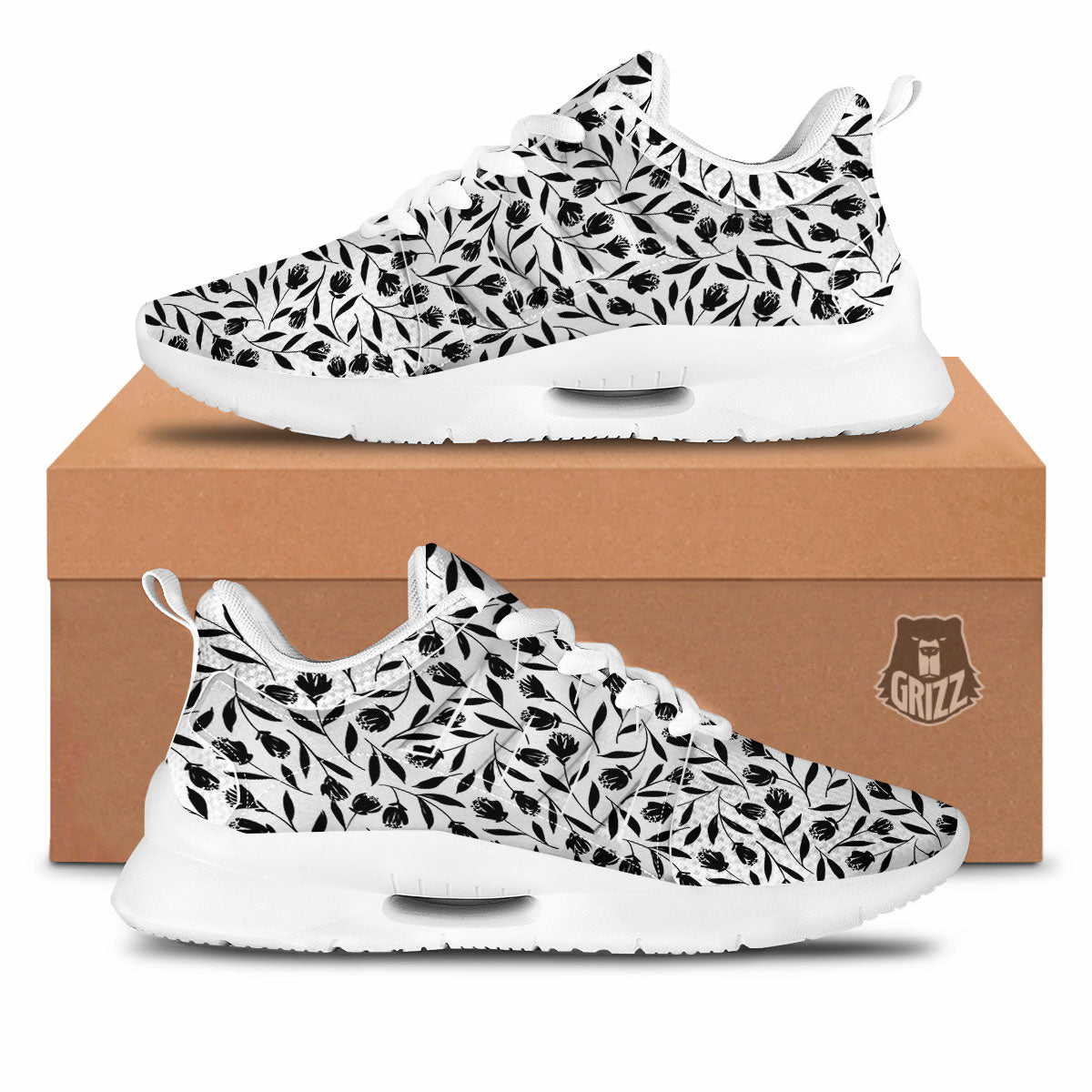 Tulip White And Black Print Pattern Tennis Shoes-grizzshop