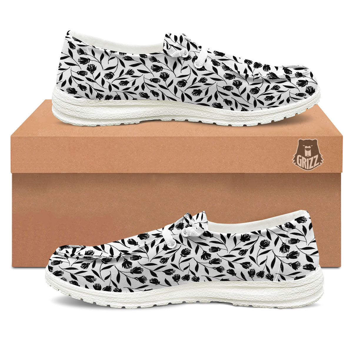 Tulip White And Black Print Pattern White Loafers-grizzshop