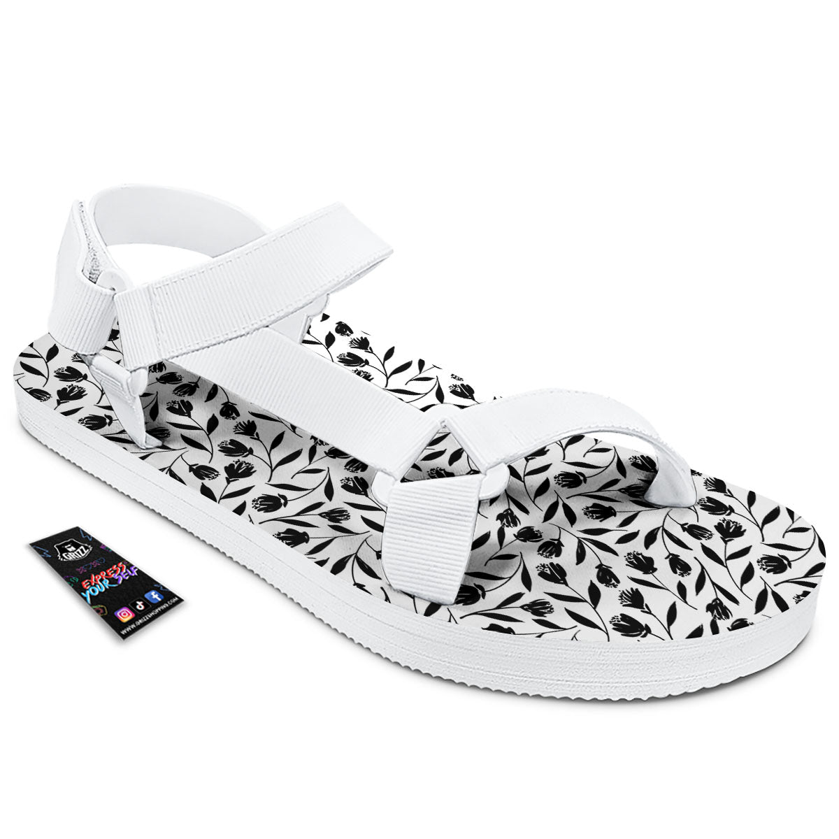 Tulip White And Black Print Pattern White Open Toe Sandals-grizzshop