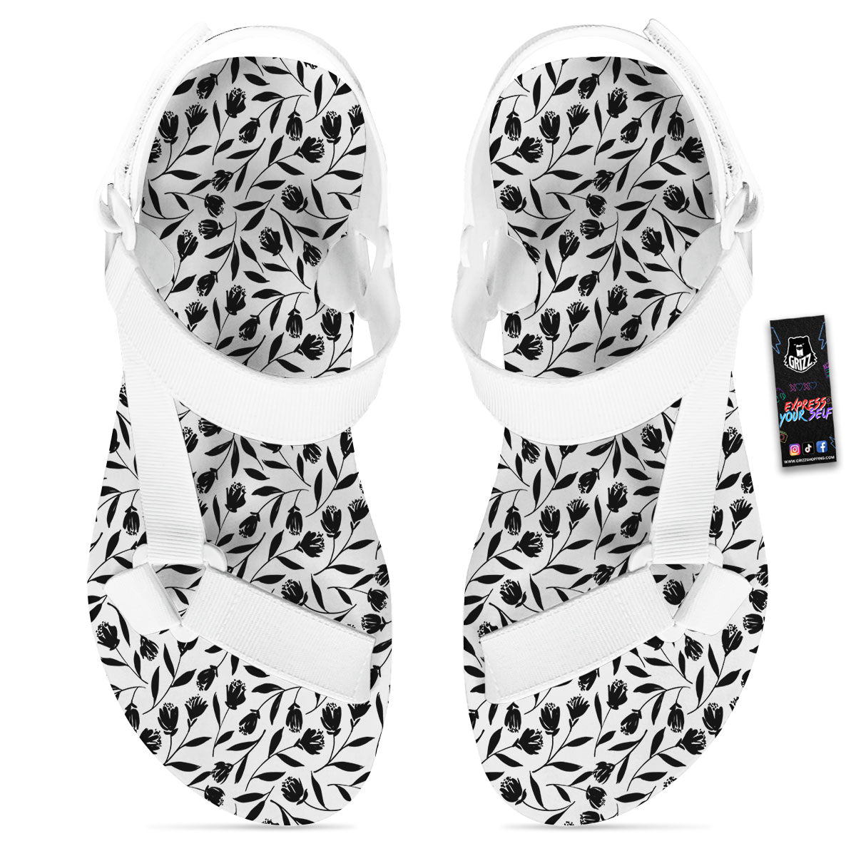 Tulip White And Black Print Pattern White Open Toe Sandals-grizzshop