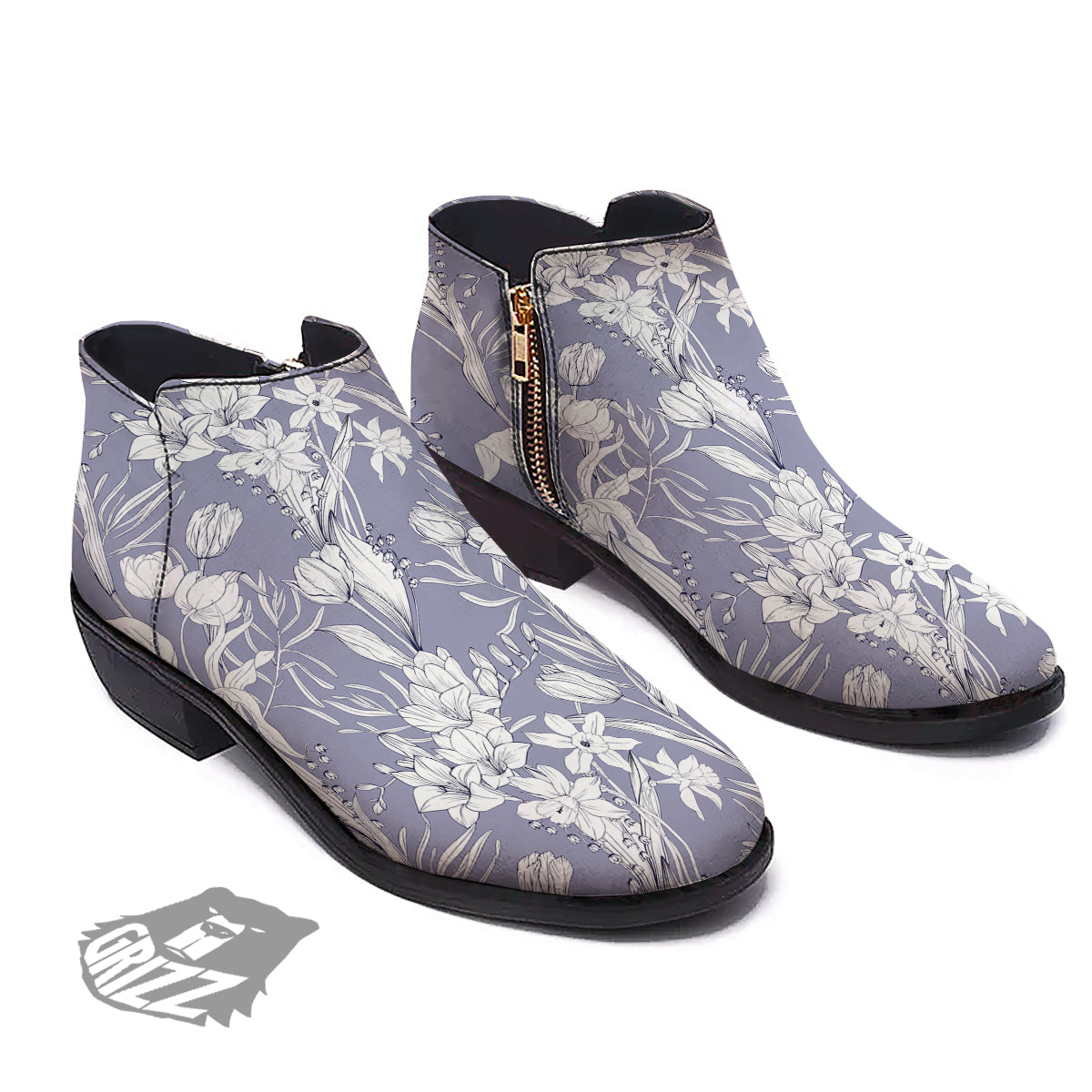 Tulip White Print Pattern Ankle Boots-grizzshop