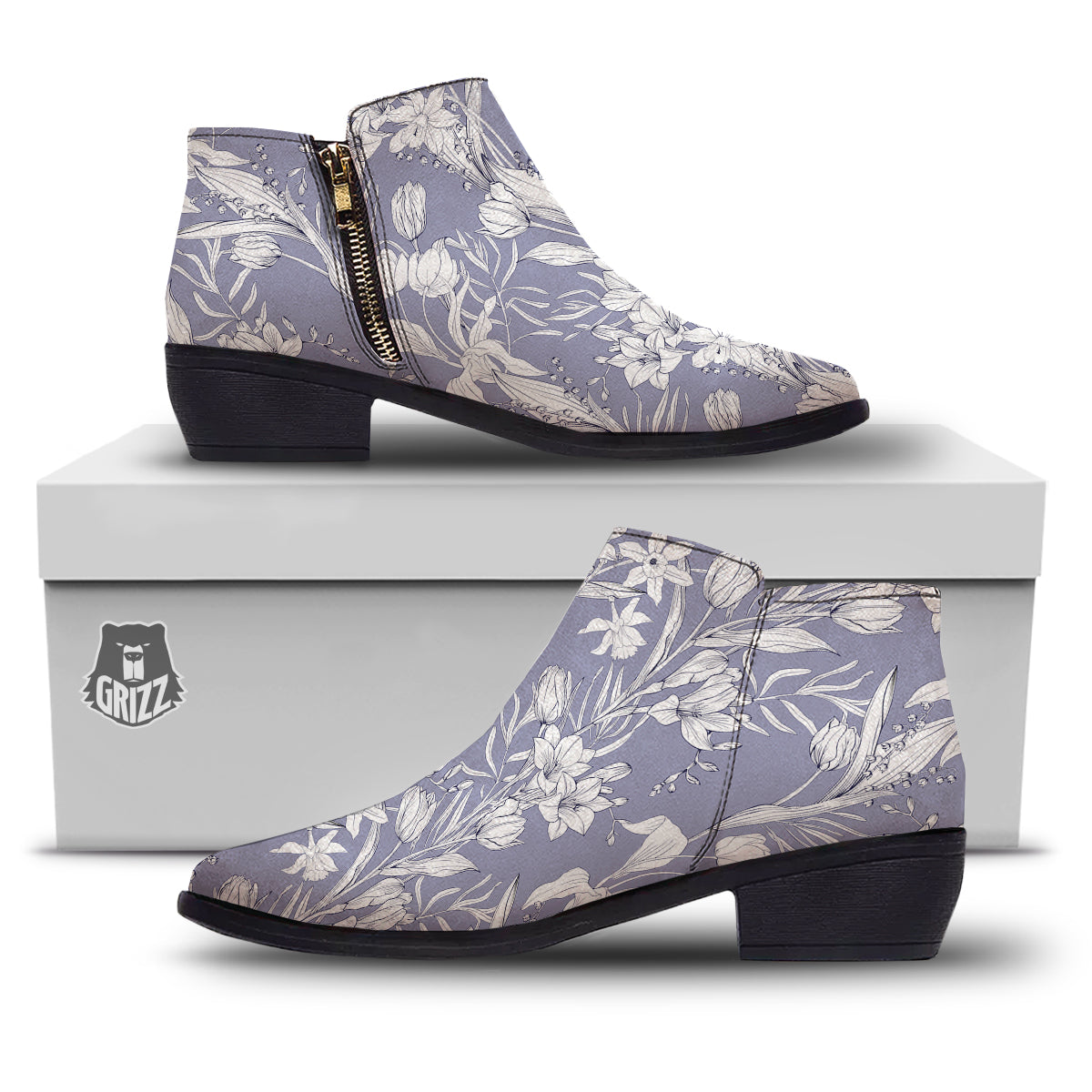 Tulip White Print Pattern Ankle Boots-grizzshop