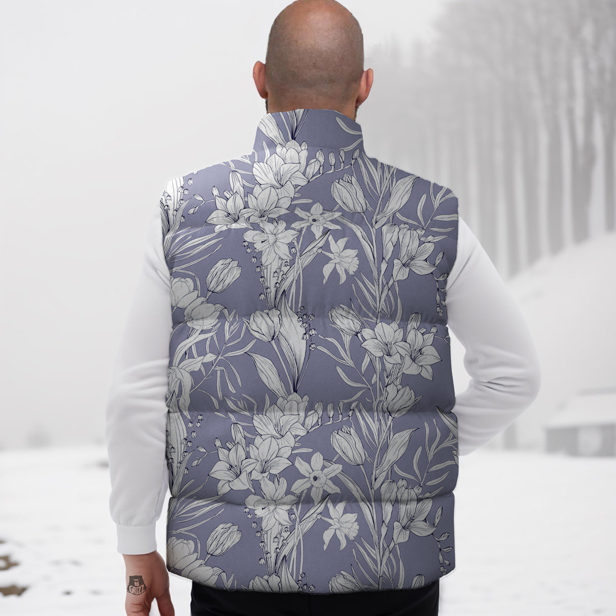 Tulip White Print Pattern Down Vest-grizzshop