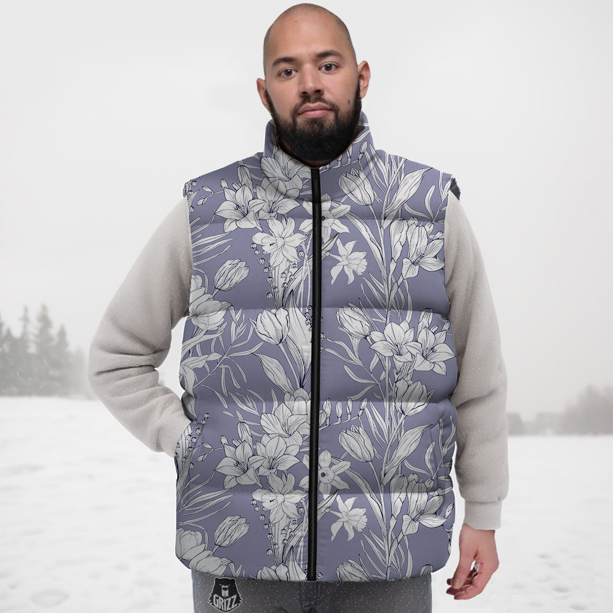 Tulip White Print Pattern Down Vest-grizzshop