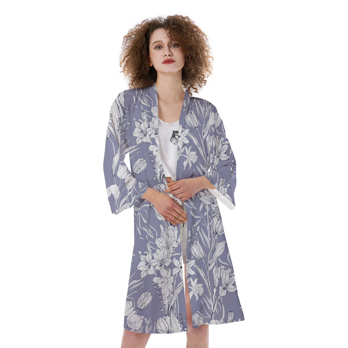 Tulip White Print Pattern Kimono-grizzshop