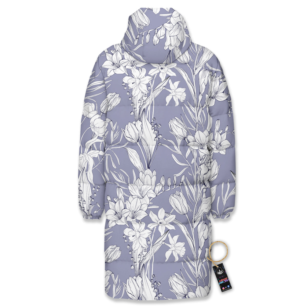 Tulip White Print Pattern Long Down Jacket-grizzshop