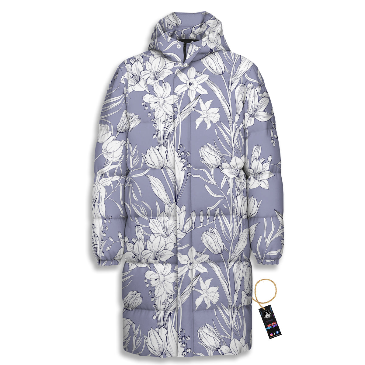 Tulip White Print Pattern Long Down Jacket-grizzshop