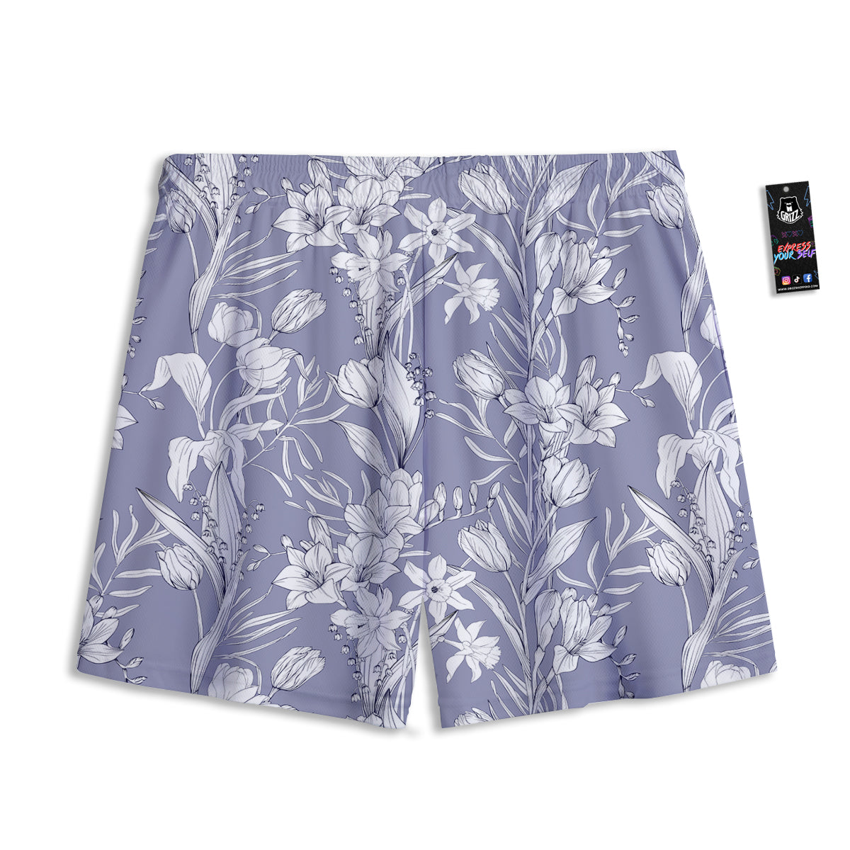 Tulip White Print Pattern Mesh Shorts-grizzshop