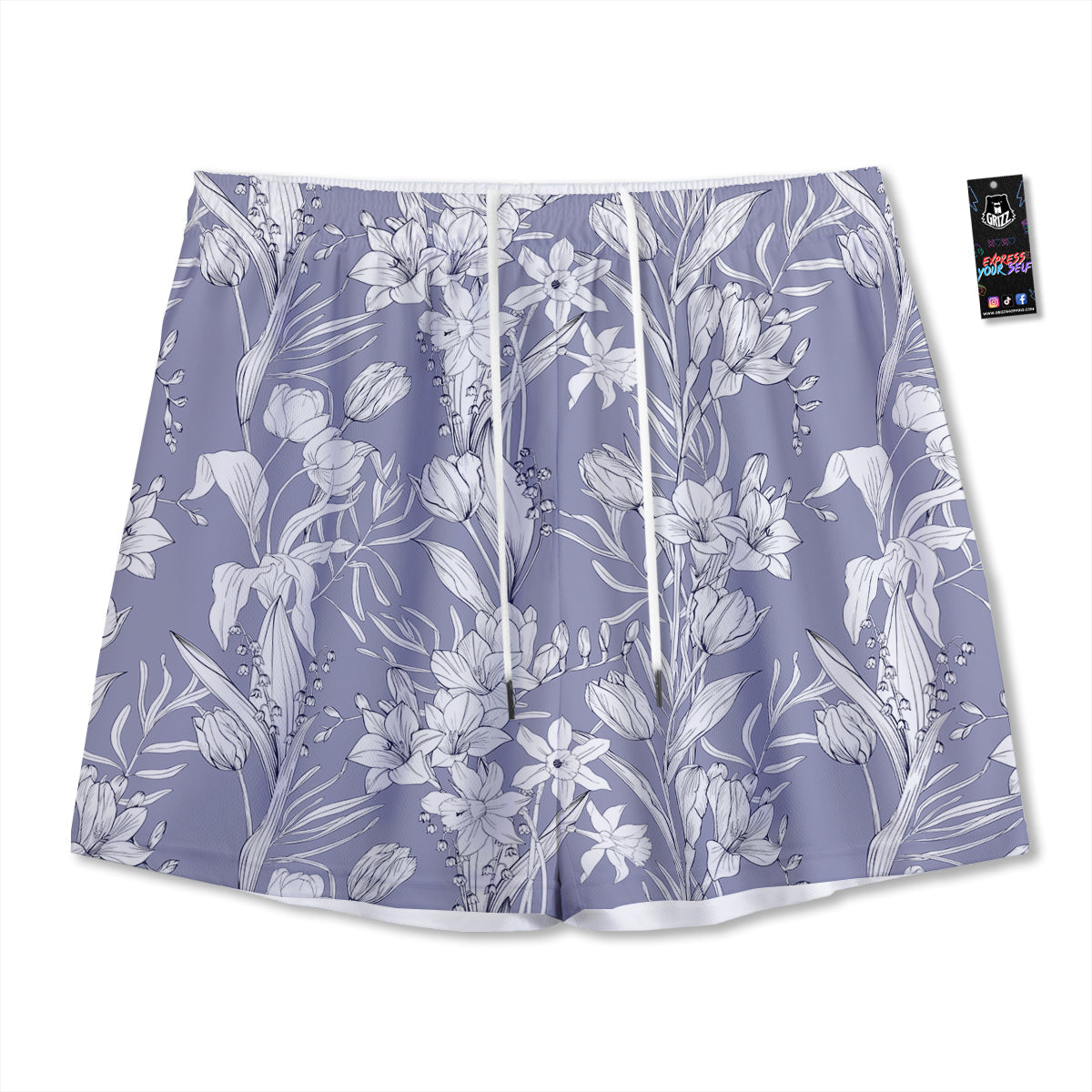 Tulip White Print Pattern Mesh Shorts-grizzshop