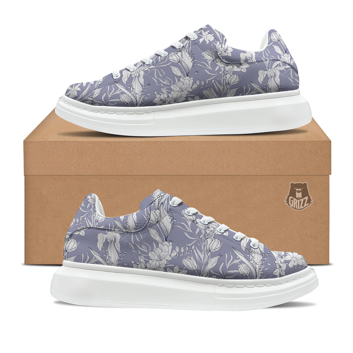 Tulip White Print Pattern Platform Shoes-grizzshop