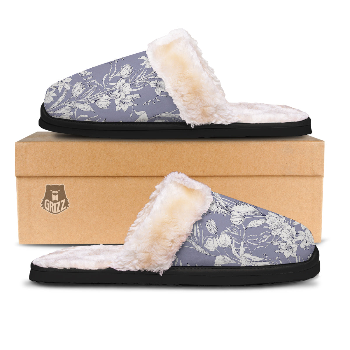 Tulip White Print Pattern Slippers-grizzshop