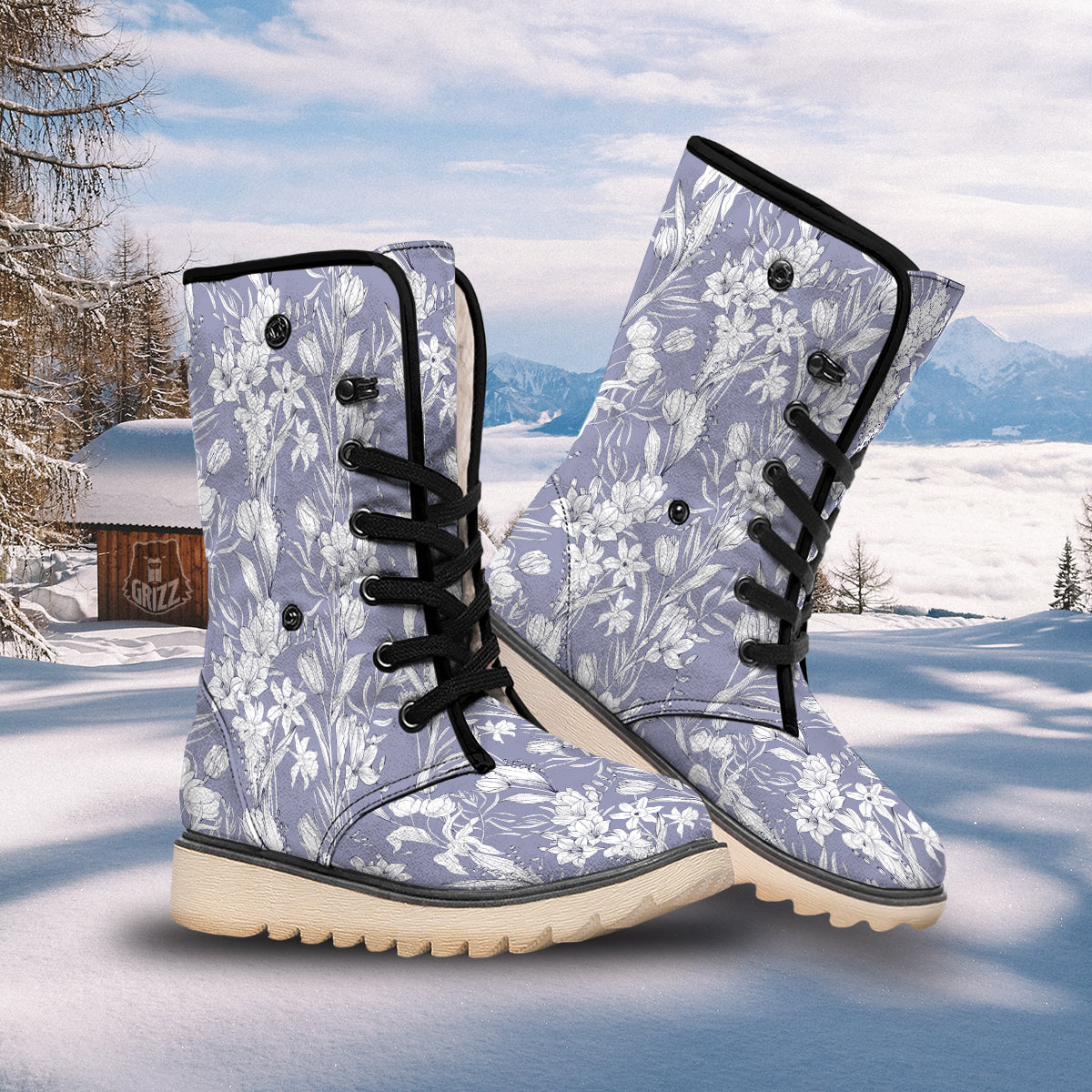 Tulip White Print Pattern Snow Boots-grizzshop