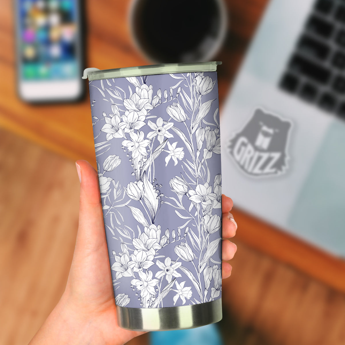 Tulip White Print Pattern Tumbler-grizzshop
