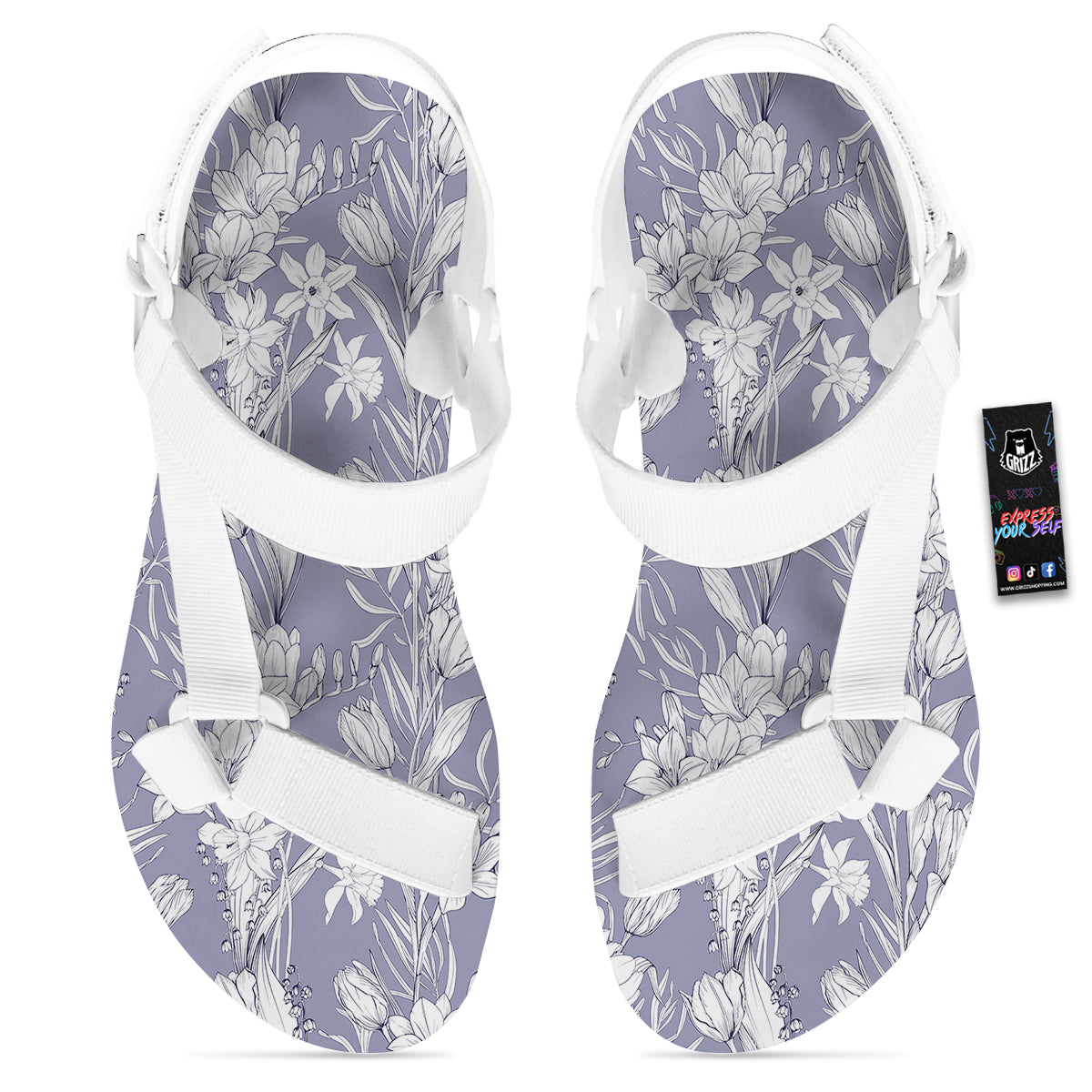 Tulip White Print Pattern White Open Toe Sandals-grizzshop