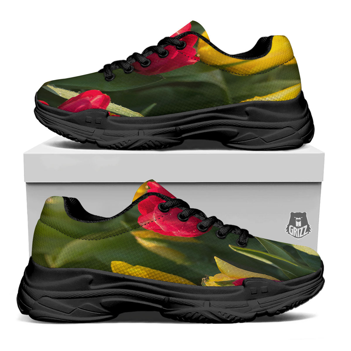 Tulip Yellow And Red Print Black Chunky Shoes-grizzshop