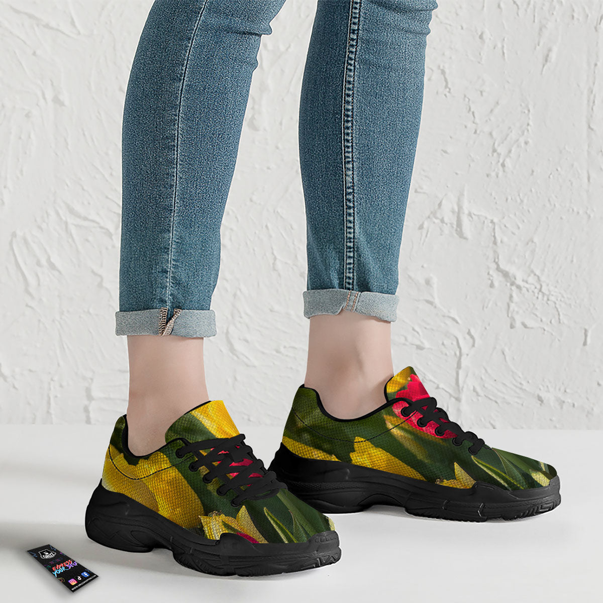 Tulip Yellow And Red Print Black Chunky Shoes-grizzshop