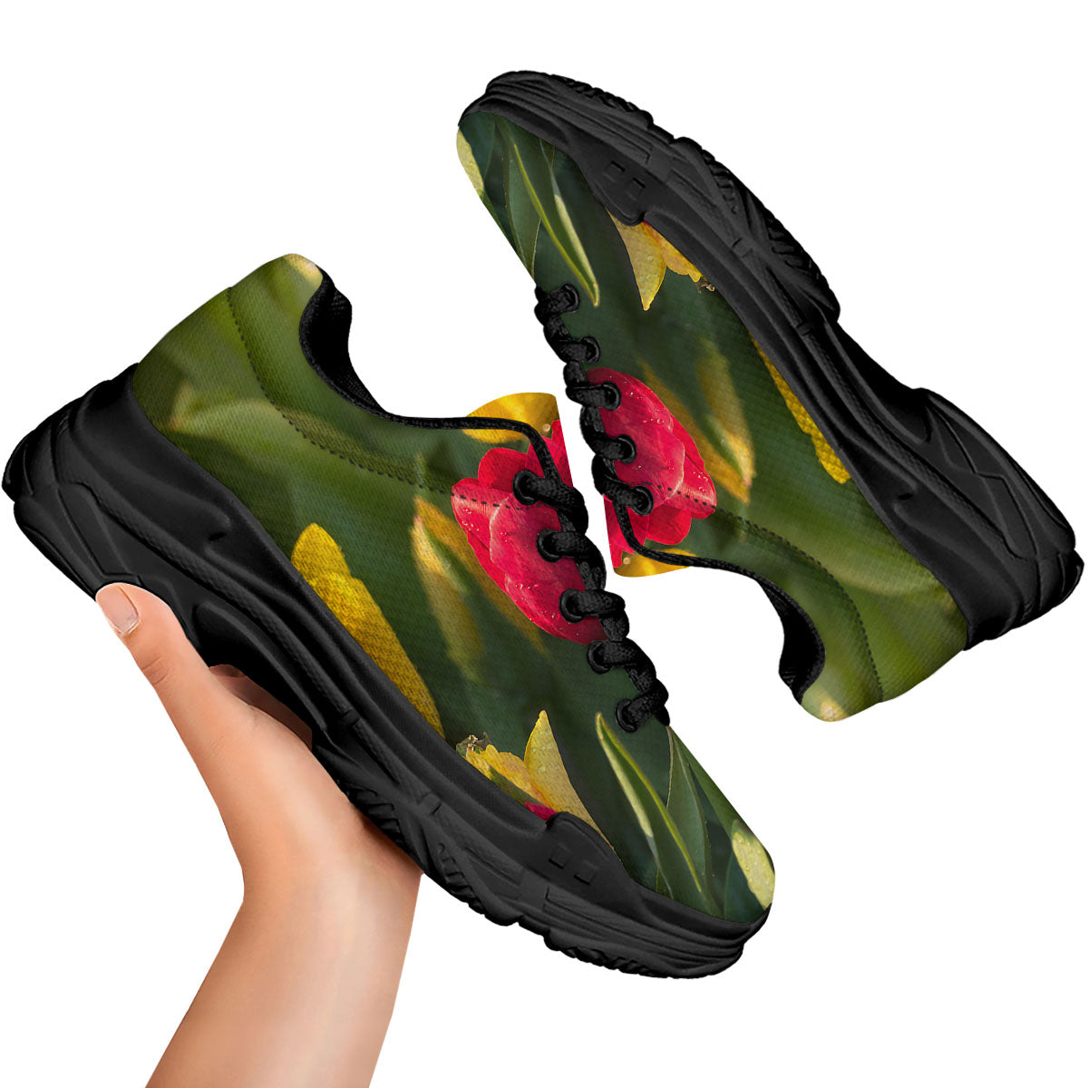 Tulip Yellow And Red Print Black Chunky Shoes-grizzshop