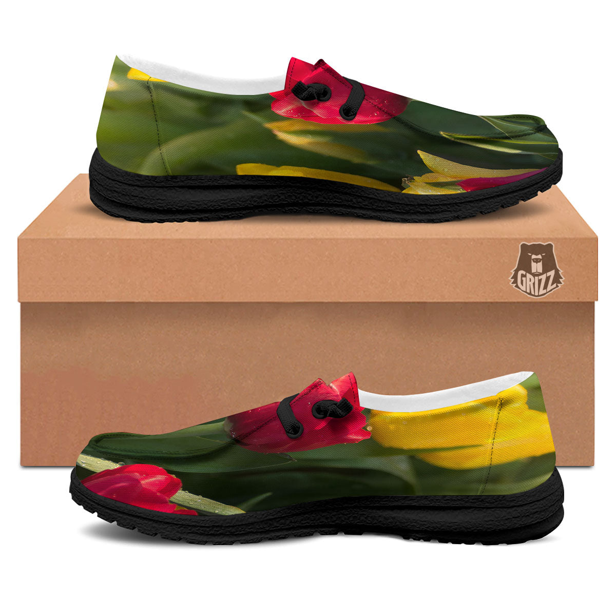 Tulip Yellow And Red Print Black Loafers-grizzshop