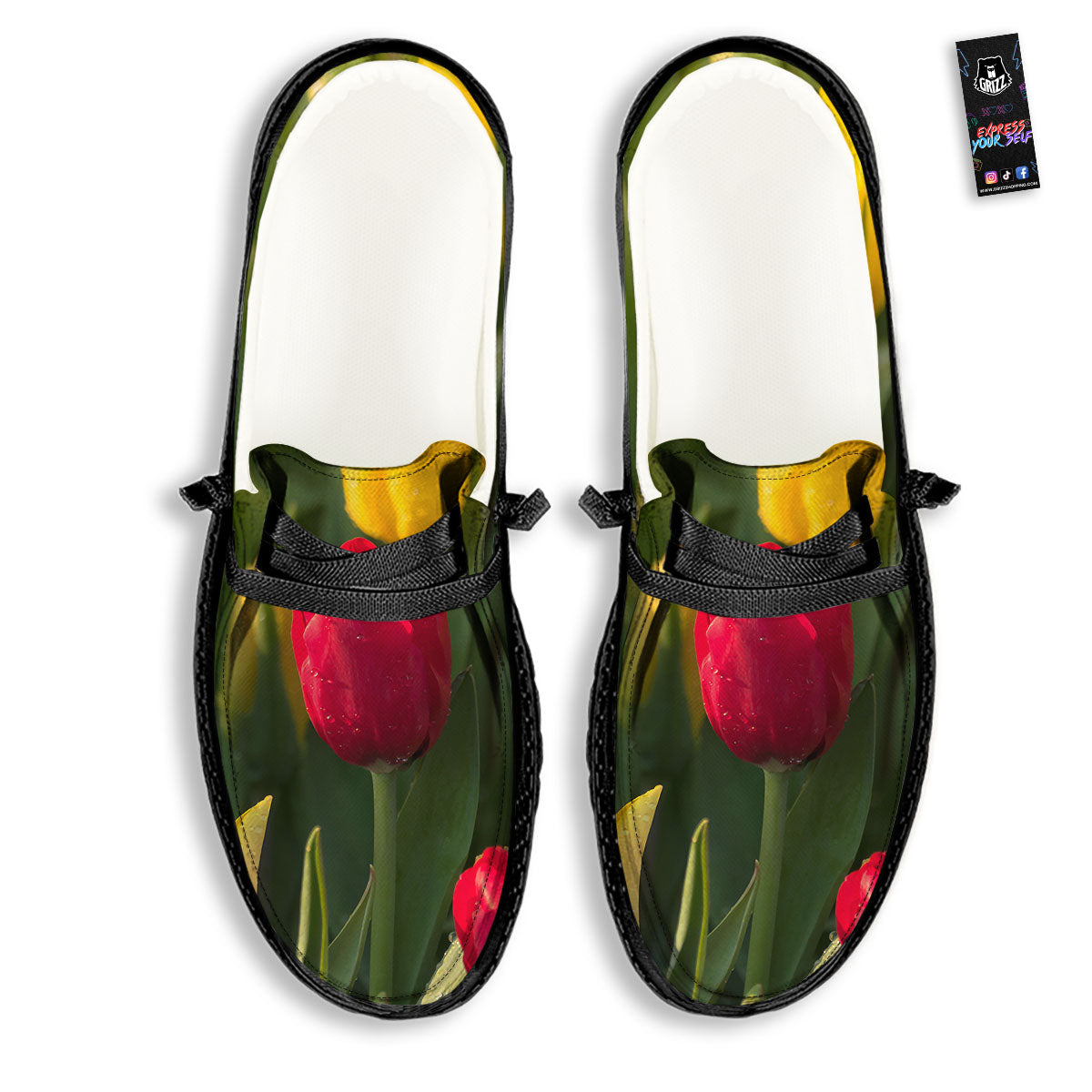 Tulip Yellow And Red Print Black Loafers-grizzshop