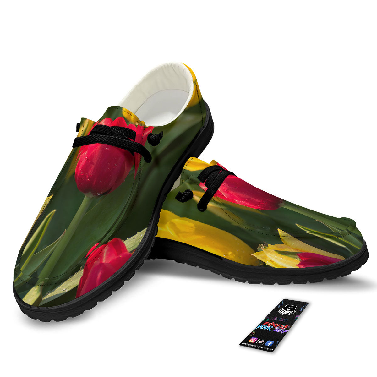 Tulip Yellow And Red Print Black Loafers-grizzshop