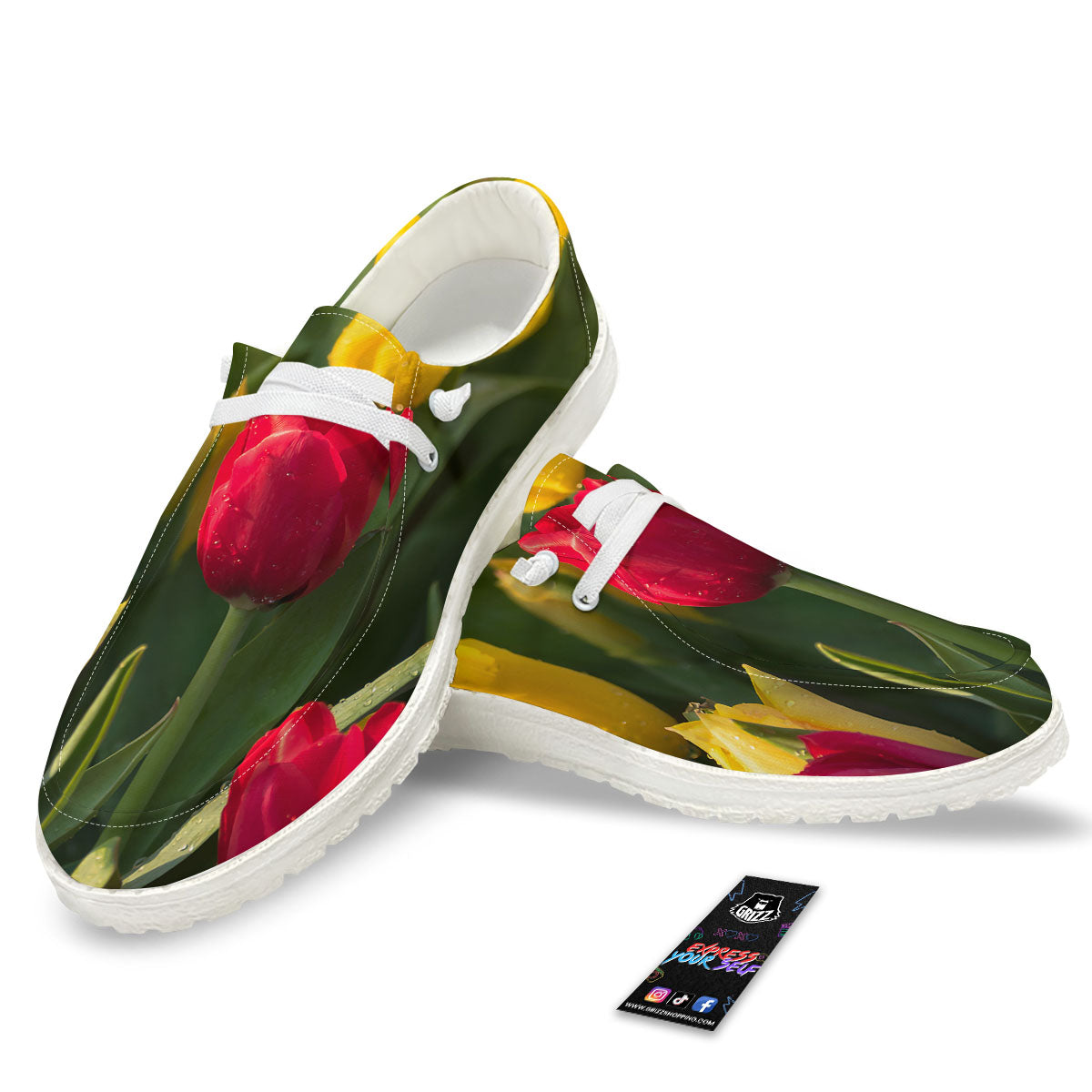 Tulip Yellow And Red Print Black Loafers-grizzshop