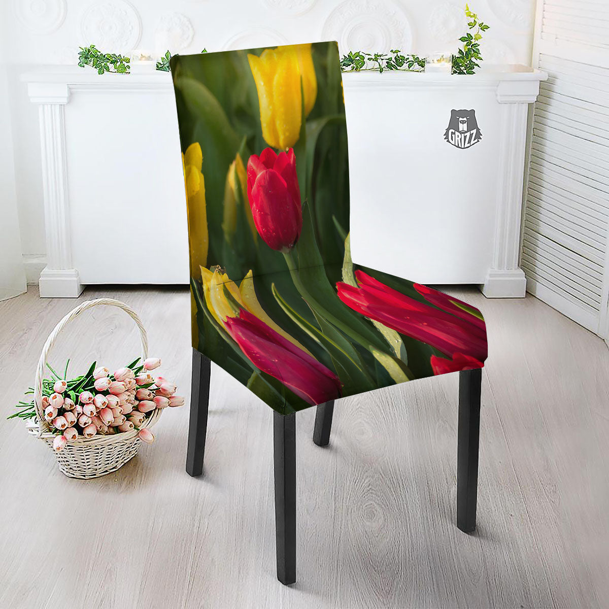 Tulip Yellow And Red Print Dining Chair Slipcover-grizzshop