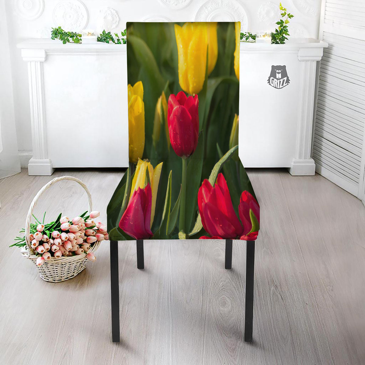 Tulip Yellow And Red Print Dining Chair Slipcover-grizzshop