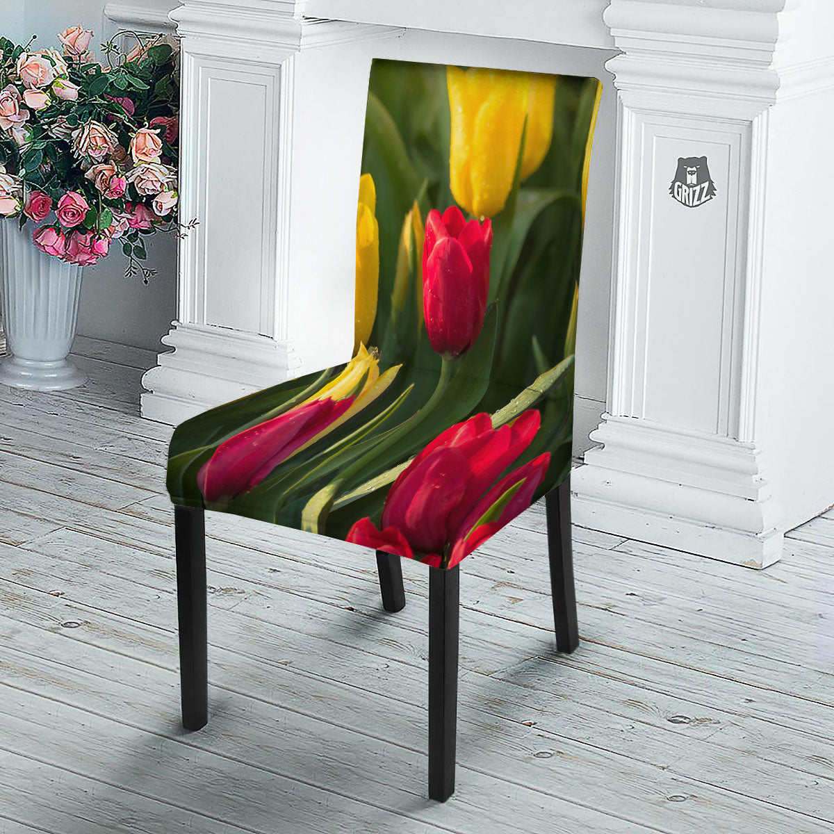 Tulip Yellow And Red Print Dining Chair Slipcover-grizzshop