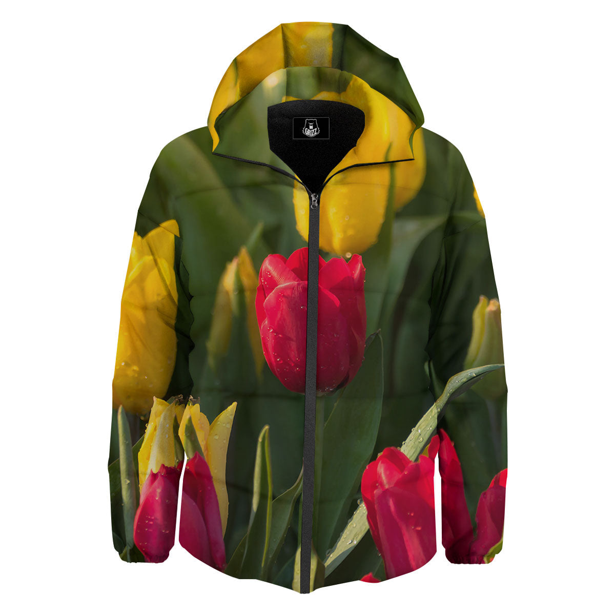 Tulip Yellow And Red Print Down Jacket-grizzshop