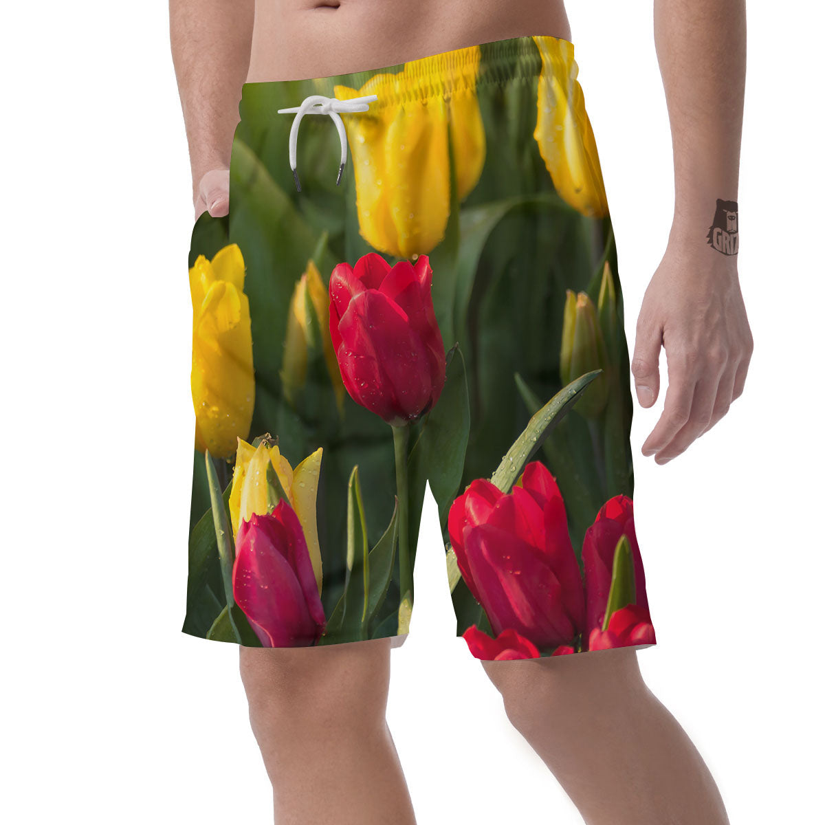 Tulip Yellow And Red Print Men's Shorts-grizzshop