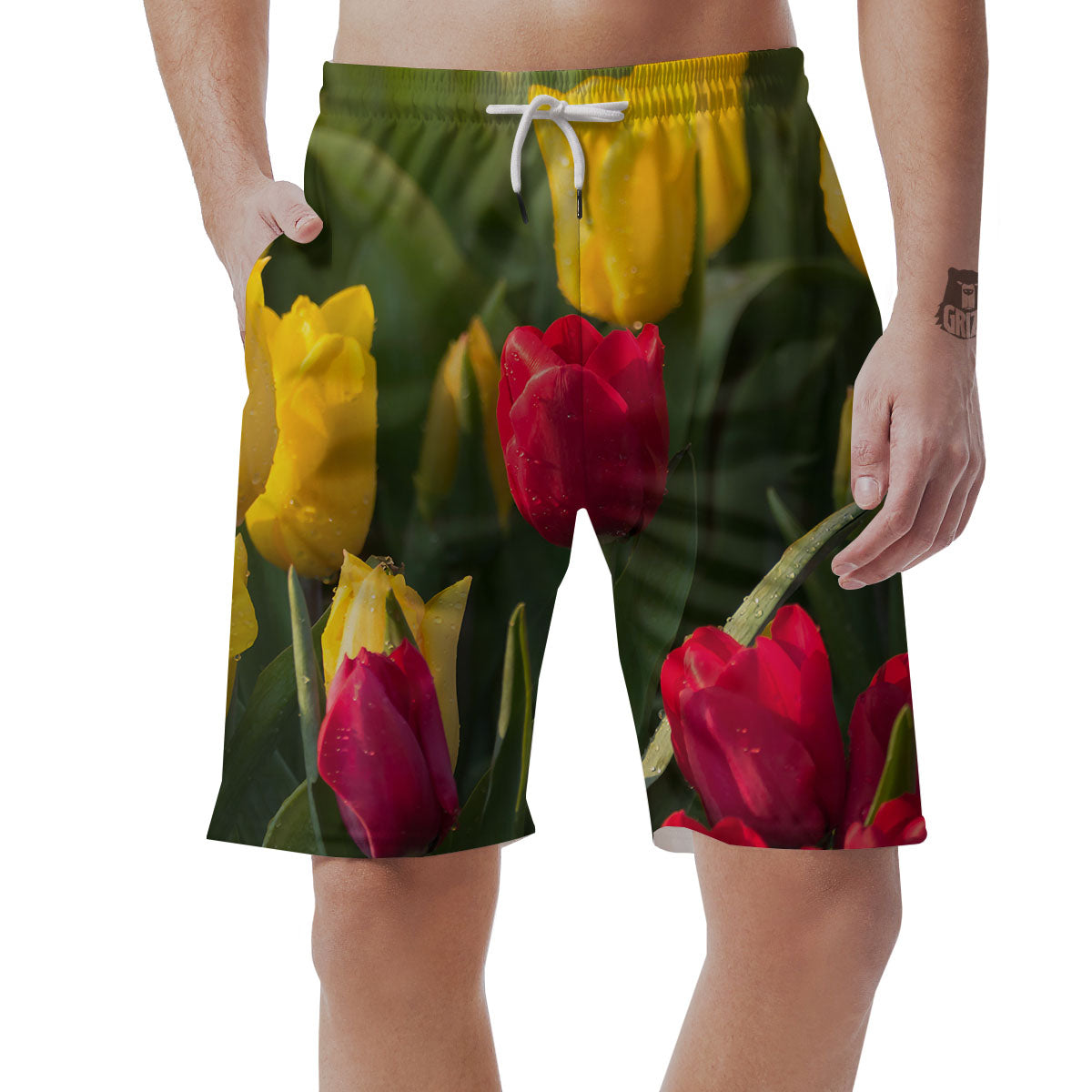 Tulip Yellow And Red Print Men's Shorts-grizzshop