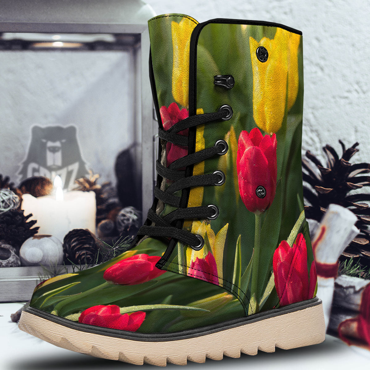 Tulip Yellow And Red Print Snow Boots-grizzshop
