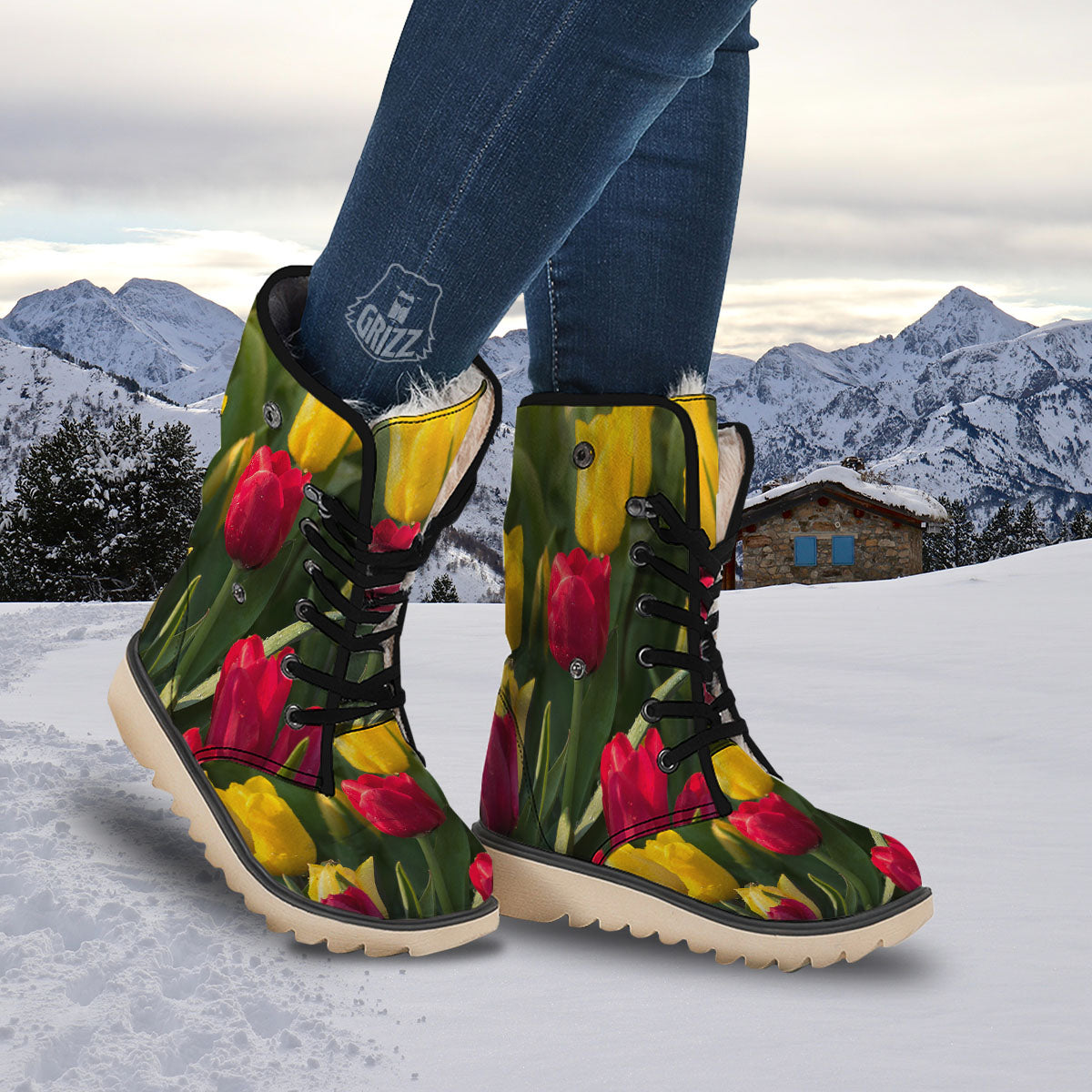 Tulip Yellow And Red Print Snow Boots-grizzshop
