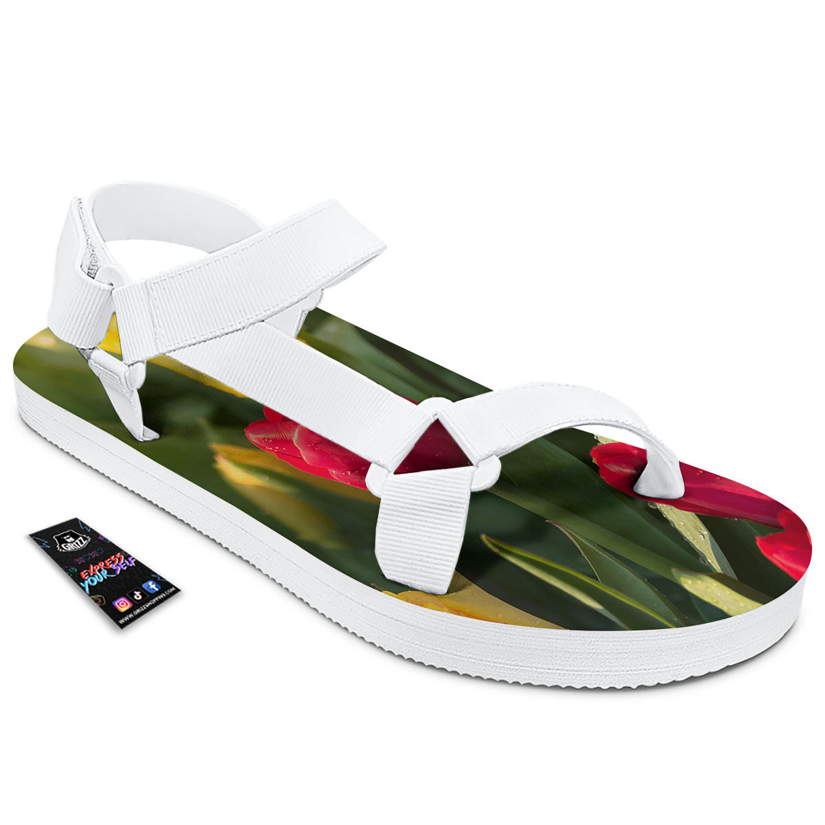 Tulip Yellow And Red Print White Open Toe Sandals-grizzshop