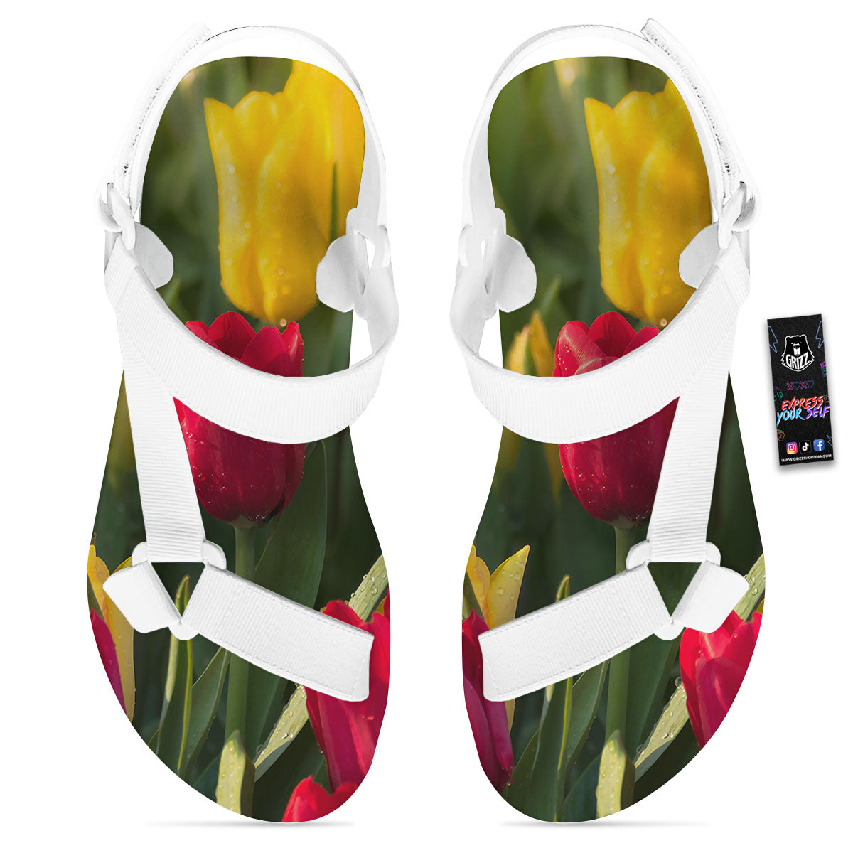 Tulip Yellow And Red Print White Open Toe Sandals-grizzshop