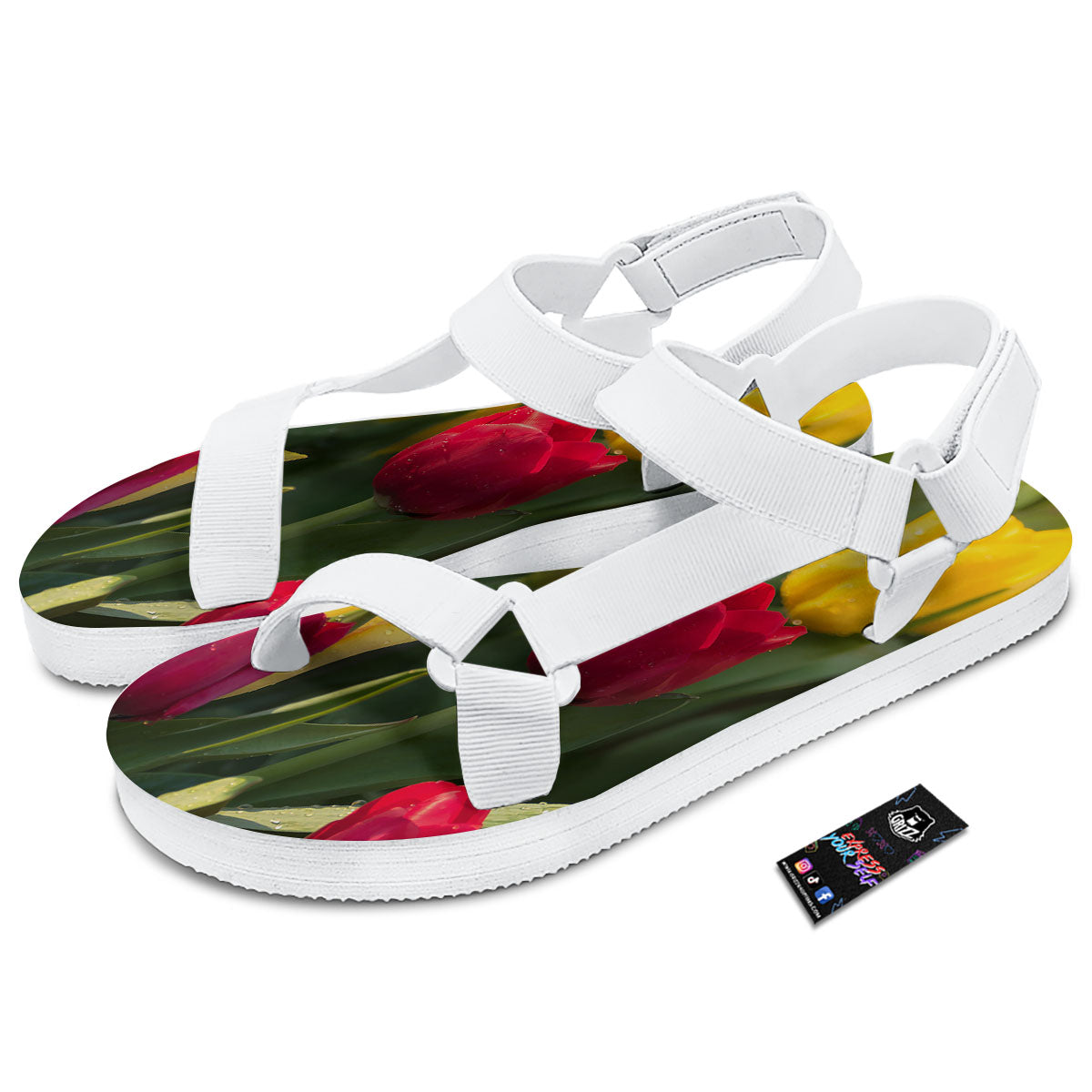 Tulip Yellow And Red Print White Open Toe Sandals-grizzshop