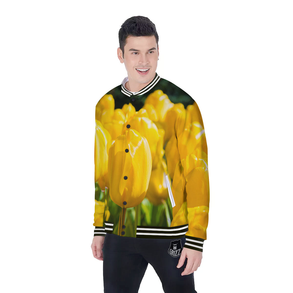 Tulip Yellow Print Baseball Jacket-grizzshop