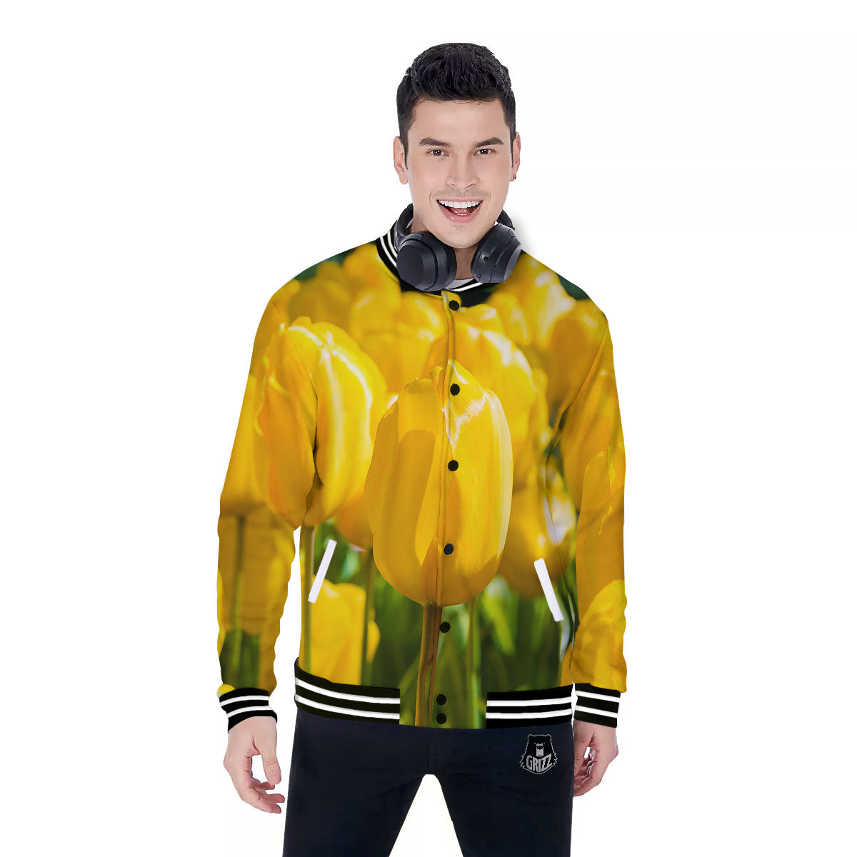 Tulip Yellow Print Baseball Jacket-grizzshop