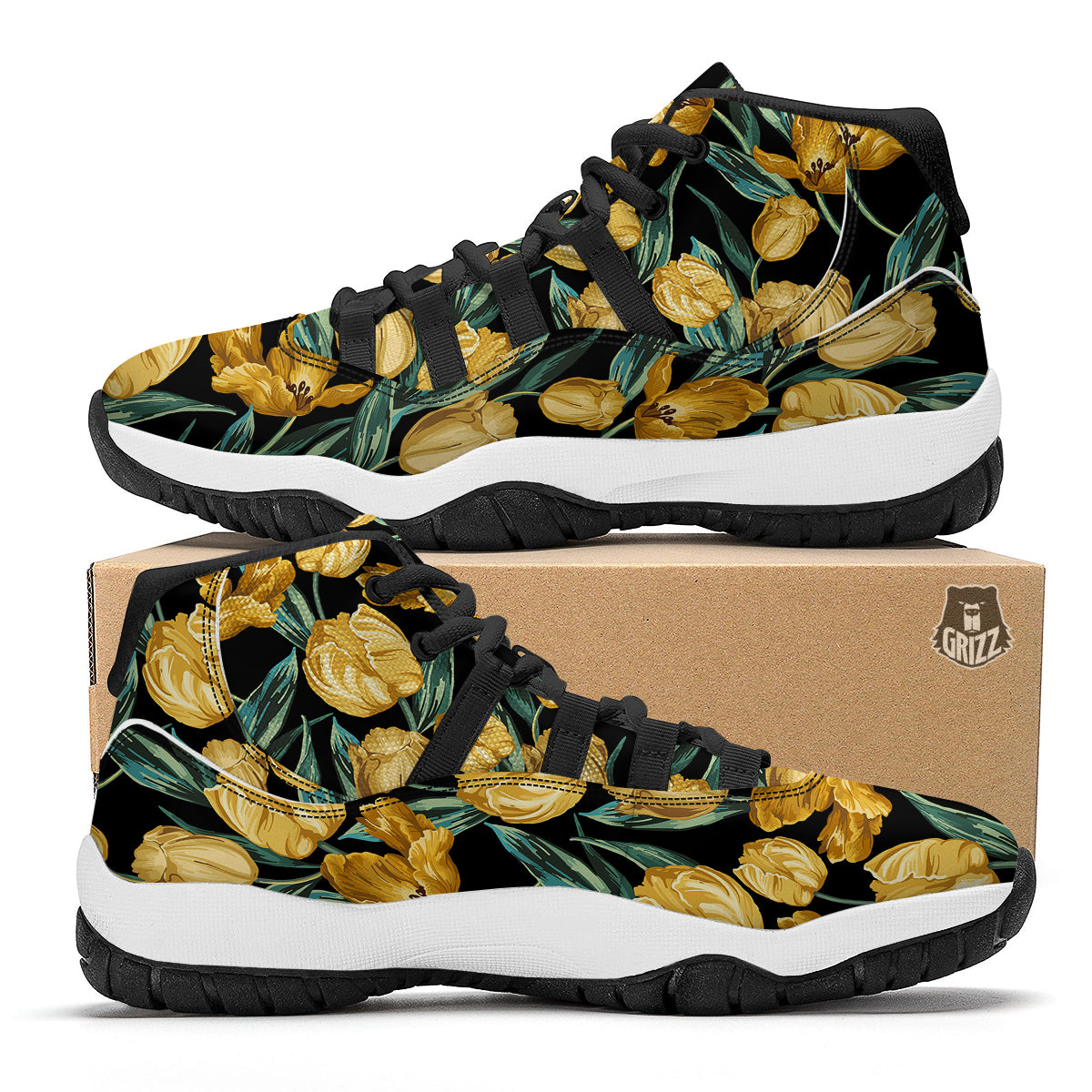 Tulip Yellow Print Pattern Black Bball Shoes-grizzshop