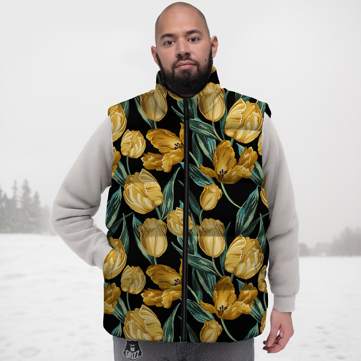 Tulip Yellow Print Pattern Down Vest-grizzshop