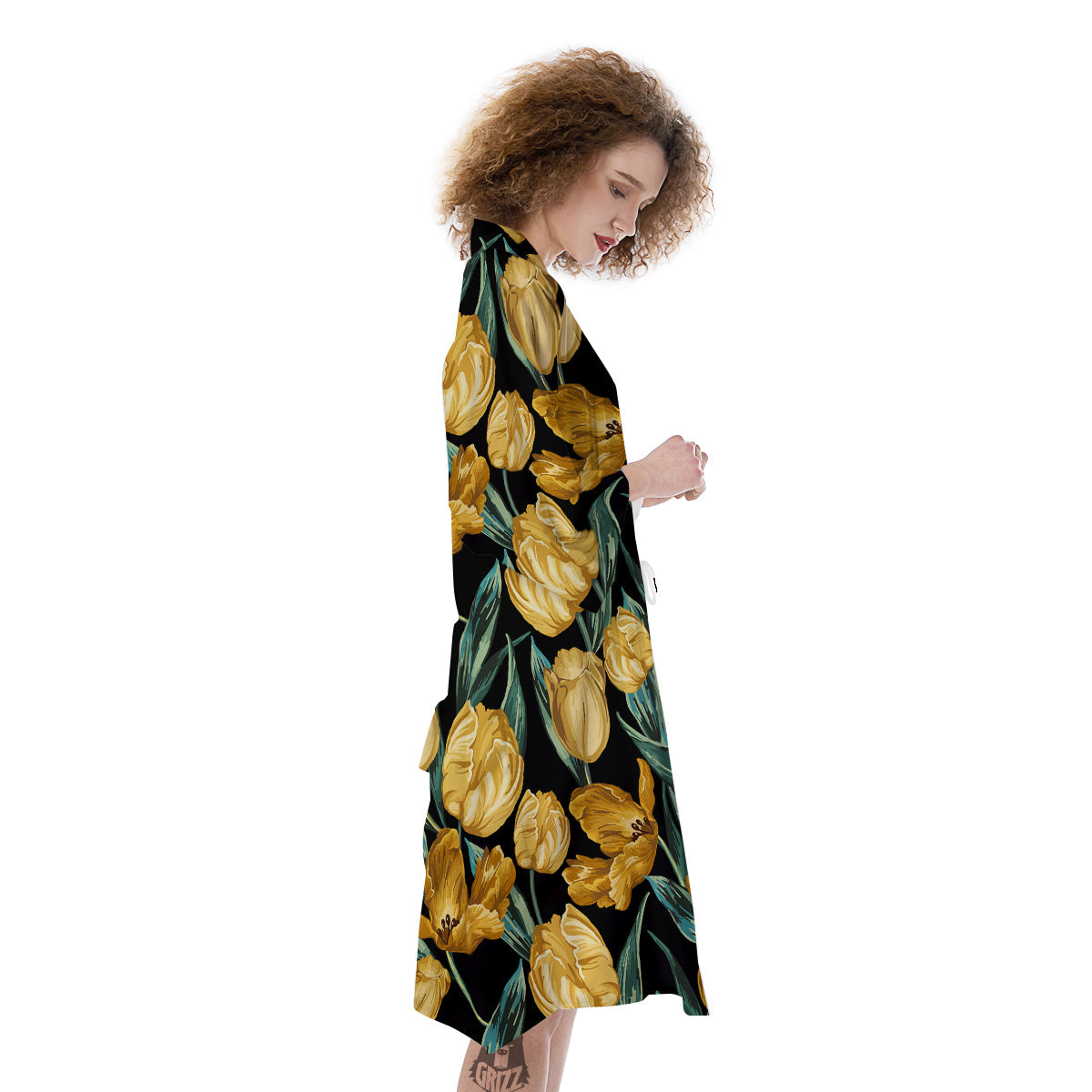 Tulip Yellow Print Pattern Kimono-grizzshop