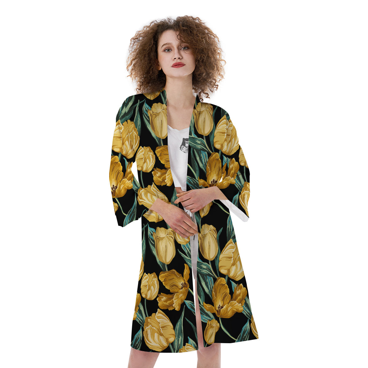 Tulip Yellow Print Pattern Kimono-grizzshop