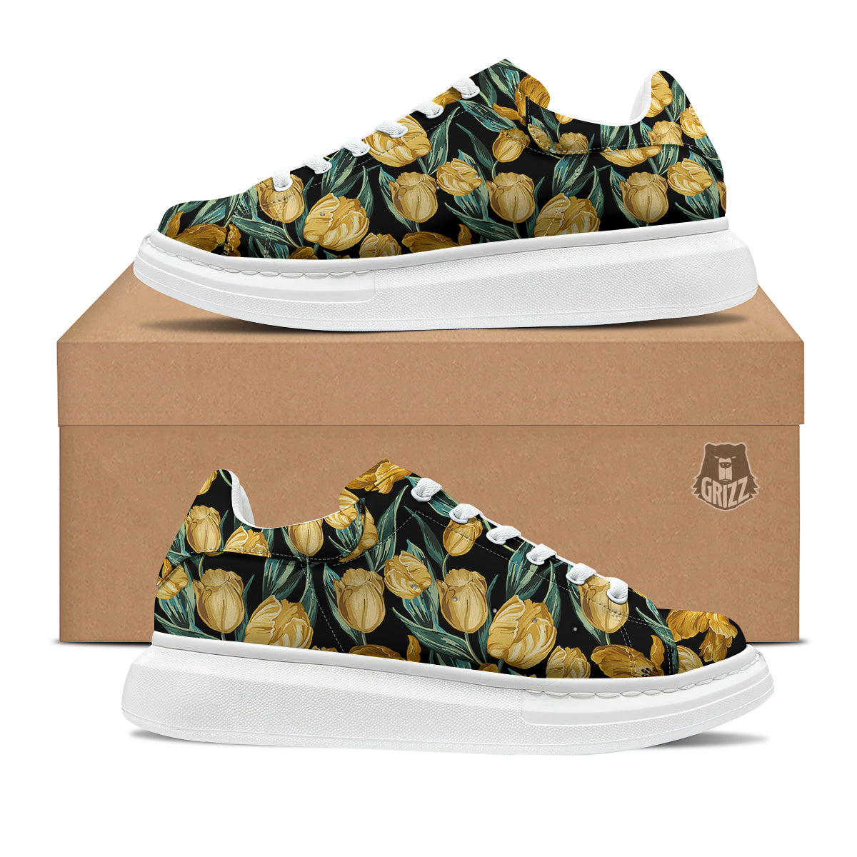Tulip Yellow Print Pattern Platform Shoes-grizzshop