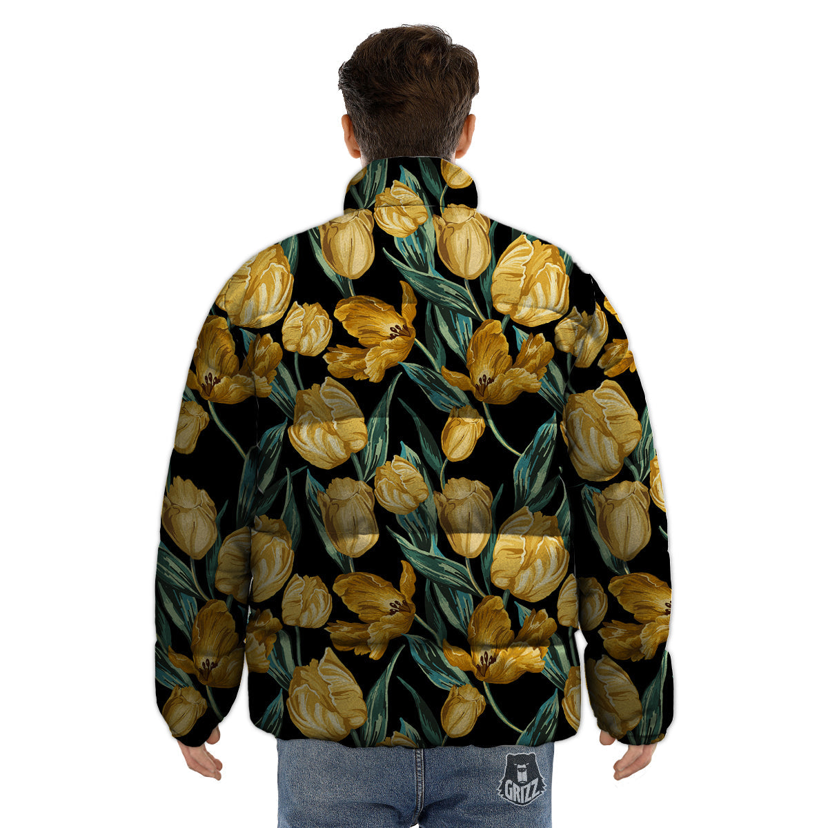 Tulip Yellow Print Pattern Puffer Jacket-grizzshop