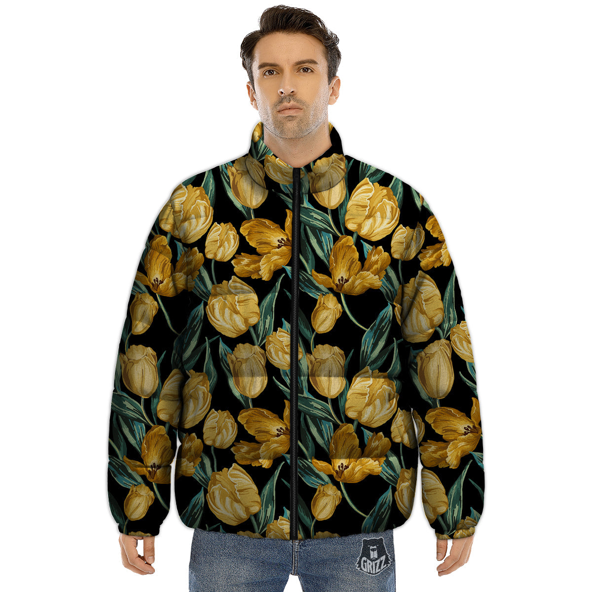 Tulip Yellow Print Pattern Puffer Jacket-grizzshop