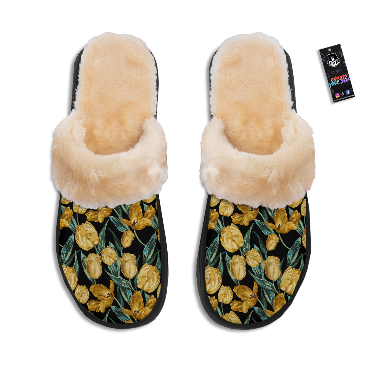 Tulip Yellow Print Pattern Slippers-grizzshop