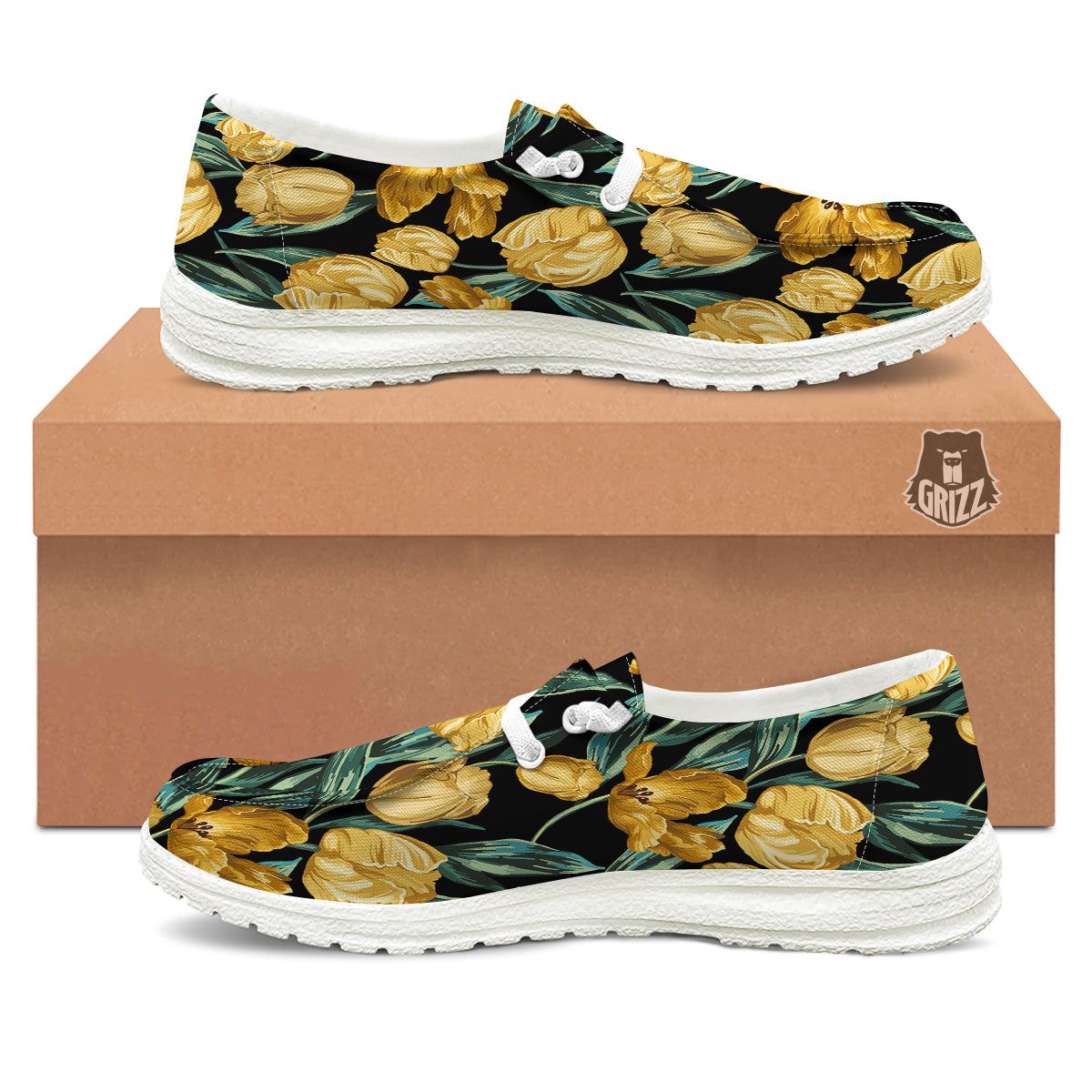 Tulip Yellow Print Pattern White Loafers-grizzshop