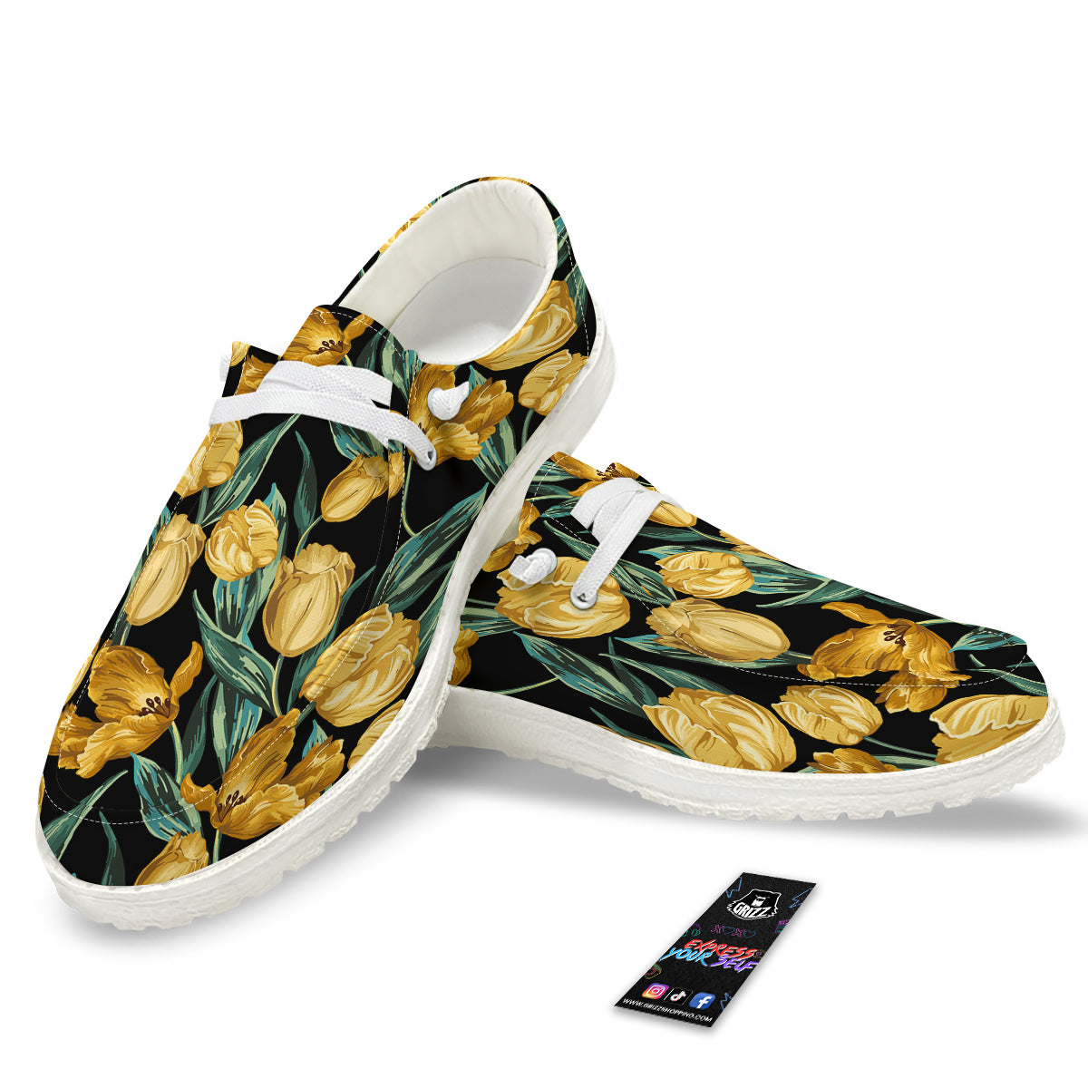 Tulip Yellow Print Pattern White Loafers-grizzshop