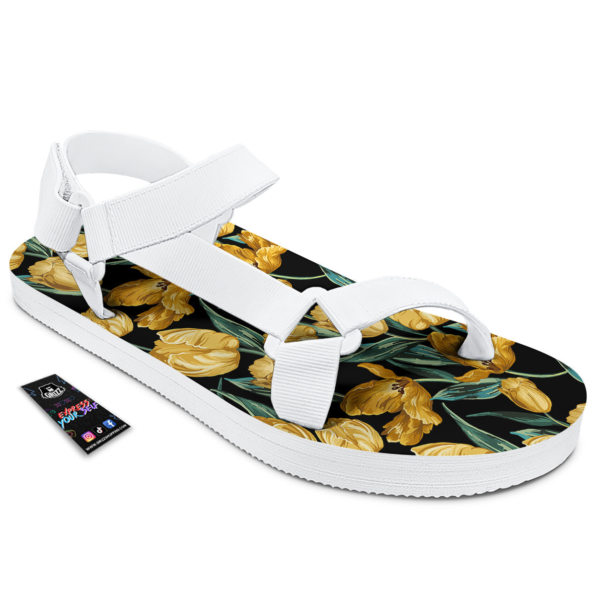 Tulip Yellow Print Pattern White Open Toe Sandals-grizzshop
