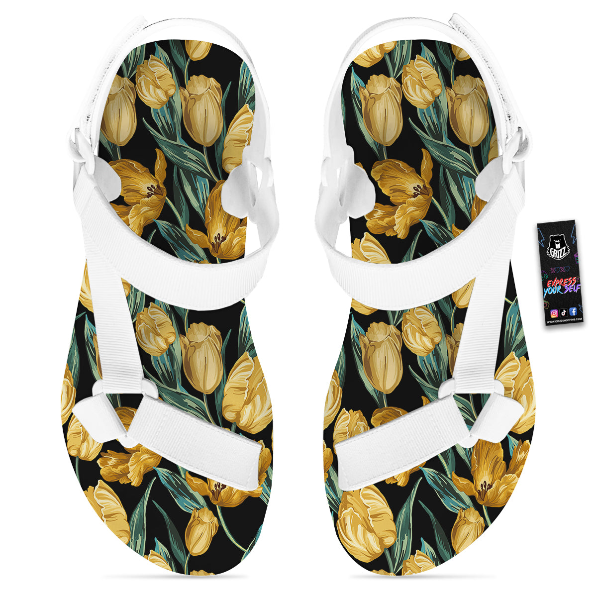 Tulip Yellow Print Pattern White Open Toe Sandals-grizzshop